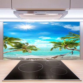 Sklenený obklad Do kuchyne Tropické palmy hamaka pláž 140x70 cm