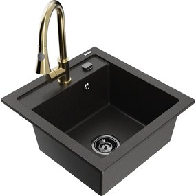 Mexen Vito, 1-komorový granitový drez 490x520x210 mm a drezová batéria Elia, čierna-zlatá metalíza, 6503-75-670101-50-B