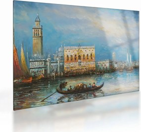 Sklenený obraz - Gondola prechádzajúca Benátkami, olejomaľba (70x50 cm)