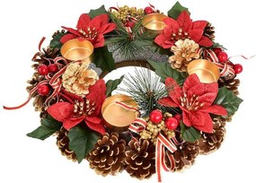 Adventný šiškový veniec POINSETTIA s mašľou 30 cm