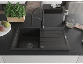 Mexen Bruno, 1-komorový granitový drez 795x495x200 mm a drezová batéria Aster, čierna-zlatá metalíza, 6513-75-73450-70-B