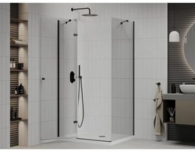 Mexen Roma, sprchovací kút s 1-krídlovými dverami 80 (dvere) x 100 (stena) cm, 6mm číre sklo, čierny profil, slim sprchová vanička 5cm biela s čiernym sifónom, 854-080-100-70-00-4010B
