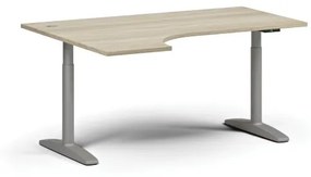 Výškovo nastaviteľný stôl OBOL, elektrický, 675-1325 mm, rohový ľavý, doska 1600x1200 mm, sivá zaoblená podnož, dub prírodný