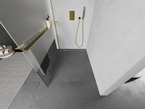 Mexen Kioto+, sprchová zástena s poličkou a držiakom na uteráky 140 x 200 cm, 8mm číre sklo vzor námraza, zlatý profil, 800-140-121-50-35