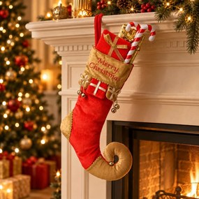 Vianočná dekorácia závesná elfí topánka s darčekmi Merry Christmas - 24*7*46 cm