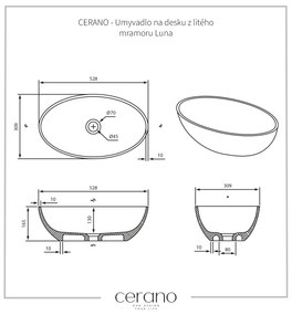 Cerano Luna, umývadlo na dosku z liateho mramoru 528x309x165 mm, biela matná, CER-CER-WB19