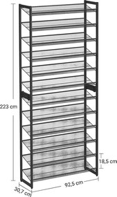 Botník, 12-policový stojan na topánky, pre 48-60 párov topánok, čierny