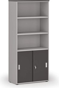 Kombinovaná kancelárska skriňa PRIMO GRAY, zasúvacie dvere na 2 poschodia, 800 x 420 x 1781 mm, sivá/grafit