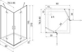 Novoterm Štvorcový sprchovací kút NV-Flow 80x80 čierna/transparent + vanička