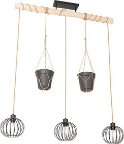 Rustikálne závesné svietidlo čierne s drevom 3-svetlo - Yura