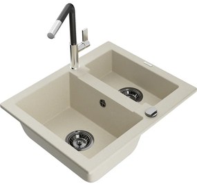Mexen Carlos, 1,5-komorový granitový drez 582x475x177 mm a drezová batéria Flora, béžová, 6518-69-670401-07-B