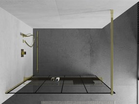 Mexen Kioto+, sprchová zástena s poličkou a držiakom na uteráky 130 x 200 cm, 8mm číre sklo vzor čierny, zlatý profil, 800-130-121-50-77