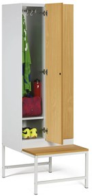 Šatníková skrinka S1 s lavičkou, 2 oddiely, 1875 x 600 x 500/800 mm, demont, mechanický kódový zámok, laminované dvere, orech