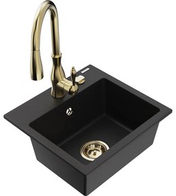 Mexen Milo, 1-komorový granitový drez 435x410x171 mm a drezová batéria Savita, čierna, 6505-77-672601-50