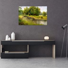Obraz - Rieka pri lese, olejomaľba (90x60 cm)