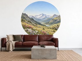 Kamzíci nad alpskou dolinou horská kruhová akvarelová dekorácia s edelweissom na stenu do obývačky arch 46 x 46 cm
