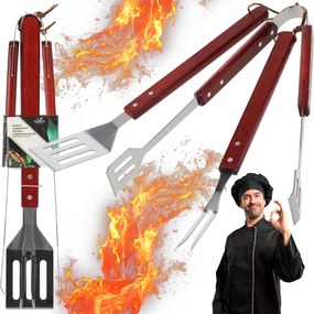 BBQ Meeting SADA 3 GRILOVACÍCH PRÍSLUŠENSTVÍ S DREVENOU RÚČKOU ŠPATULA/KLEŠTE/VIDLIČKA *0940