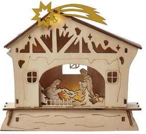 EMOS LED vianočný drevený betlehem, teplá biela, 18x16,5cm, 2xAAA, časovač