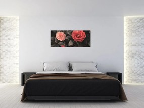 Obraz - Červené kvety na tmavom pozadí (120x50 cm)