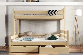 Detská poschodová posteľ z masívu borovice s rozšíreným spodným lôžkom BERTA so šuplíkmi - 200x90/140 cm - PRÍRODNÁ BOROVICA