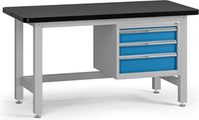 Pracovný stôl do dielne G4 so závesným boxom na náradie, MDF + PVC doska, 3 zásuvky, 1500 x 750 x 800 mm, modrá