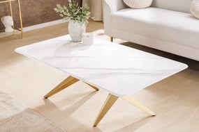 Konferenčný stolík ART LIVING 130 cm s keramickou doskou z bieleho mramoru a rámom v šampansko-zlatej farbe