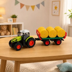 LEAN Toys Poľnohospodársky traktor s diaľkovým ovládaním RC s prívesom na balíky sena a svetlami, mierka 1:24