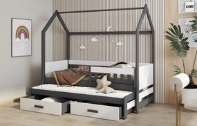 Detská domčeková posteľ z masívu borovice JASPER so šuplíkmi a prístelkou - 200x90 cm - grafit/biela