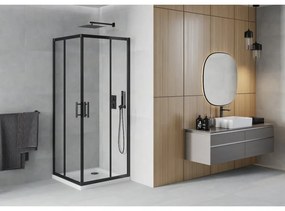 Mexen Rio, štvorcový sprchovací kút s posuvnými dverami 70(dvere) x 70(dvere) x 190 cm, 6mm číre sklo námraza, čierny profil + biela sprchová vanička SLIM, 860-070-070-70-00-4010B