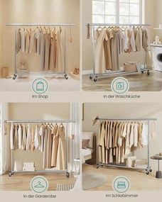 Stojan na šaty, vešiak na oblečenie na kolieskach, nosnosť 150 kg, strieborný