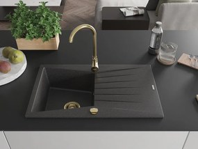 Mexen Cesar, granitový drez 775x470x190 mm, 1-komorový, čierna škvrnitá so zlatým sifónom, 6514771010-76-G