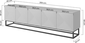 TV skrinka Asha 200 cm s ryhovanými dvierkami a kovovou podnožou - čierny mat