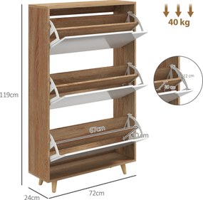 HOMCOM 3-dverový botník s poličkou, 72Š x 24H x 119V cm, prírodná a biela | Aosom