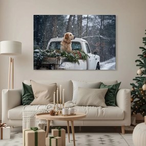 Obraz vianočný pes na zasneženej korbe