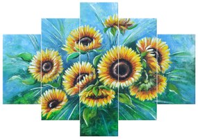 Gario Ručne maľovaný obraz Slnečnice v daždi - 5 dielny Rozmery: 100 x 70 cm