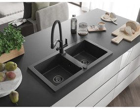Mexen Mario, granitový drez 820x436x161 mm, 2-komorový a drezová batéria Duo, čierna škvrnitá, 6504-76-671701-70-B