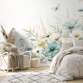Samolepiaca tapeta pastelové lúčne kvety a lietajúce motýle