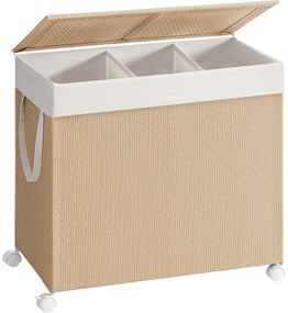 Kôš na bielizeň 140 l, 3 priehradky, s kolieskami, prírodná a biela farba