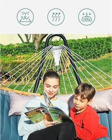 Dvojitá polstrovaná hojdacia sieť s odnímateľnými bambusovými tyčami s vankúšom, modrá