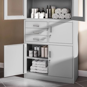 Kovová spisová skriňa so zásuvkami, vitrínou a trezorom FILIP, 900 x 1850 x 400 mm, šedá