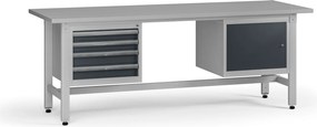 Výškovo nastaviteľný dielenský stôl G5, 2100 x 750 x 800-1000 mm, 1x skrinka, 4 zásuvky, grafit