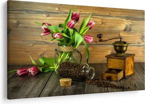 Obraz - tulipány, mlynček a káva (90x60 cm)