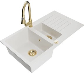 Mexen Matias, 1,5-komorový granitový drez 900x505x200 mm a drezová batéria Elia, biela, 6502-20-670101-50