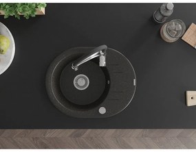 Mexen Kevin, 1-komorový granitový drez 586x458x190 mm a drezová batéria Aster, čierna-zlatá metalíza, 6517-75-73450-07