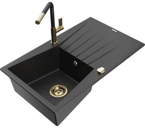 Mexen Cesar, 1-komorový granitový drez 775x470x190 mm a drezová batéria Flora, čierna-strieborná metalíza, 6514-73-670401-57-G