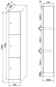 Šatníková skrinka s úložnými boxmi, 3 boxy, 1850 x 300 x 500 mm, zámok s čítačkou RFID kariet, laminované dvere, dub prírodný