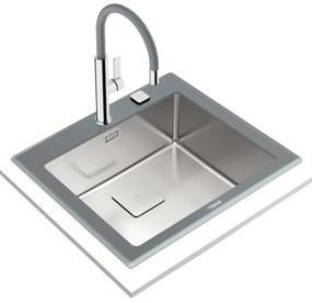 TEKA Diamond RS15 1B ST sklenený drez s nerezovou vaničkou, s excentrom, horná montáž, 600 x 520 mm, Stone Grey, 115000076