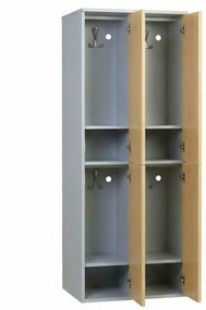 Drevená šatníková skrinka S4 s úložnými boxmi, 4 boxy, demont, otočný zámok, sivá/dub prírodný
