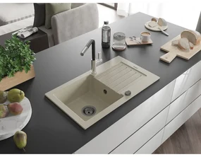 Mexen Pablo, 1-komorový granitový drez 752x436x161 mm a drezová batéria Flora, béžová, 6510-69-670401-07-B