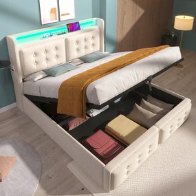 Čalúnená posteľ 140x200 dvojlôžko s Led nabíjaním Usb C béžová matrac